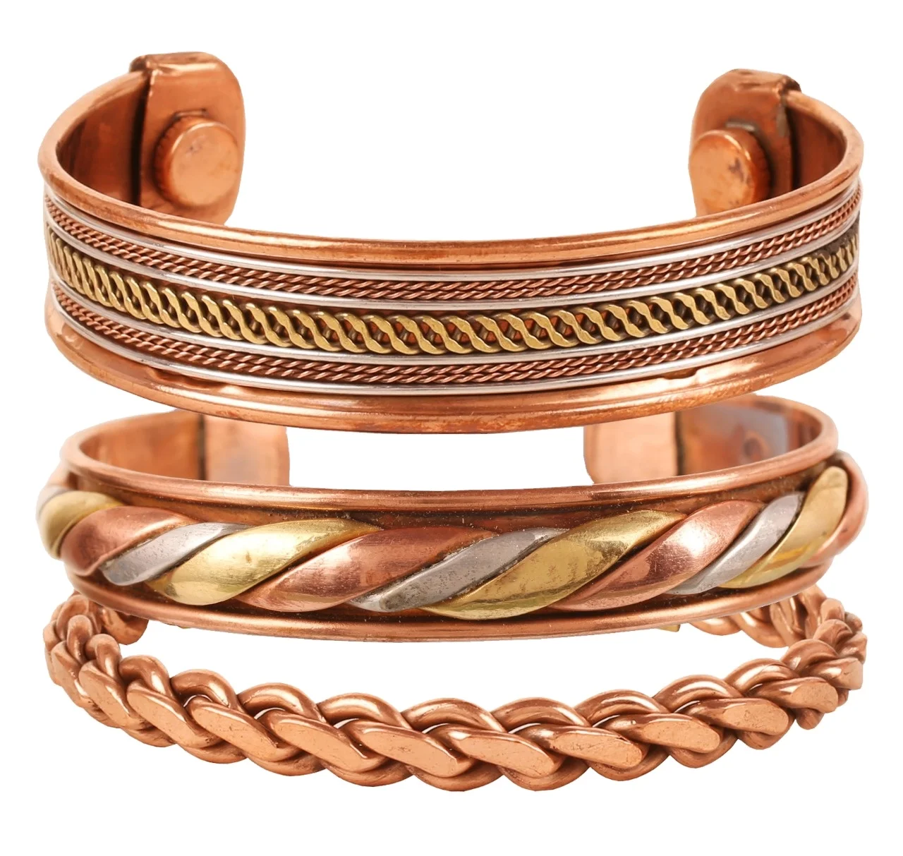 Handmade Fashionable Pure Copper Magnetic Bracelets Set 3 Adjustable Healing Therapy Gold Brass India Pattern Horn Cufflink