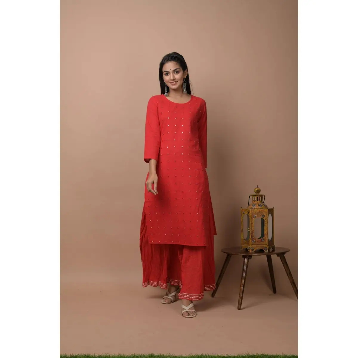 Latest in trend Casual Dresses Sequins Red Cotton Kurti with Sharara Set for womens