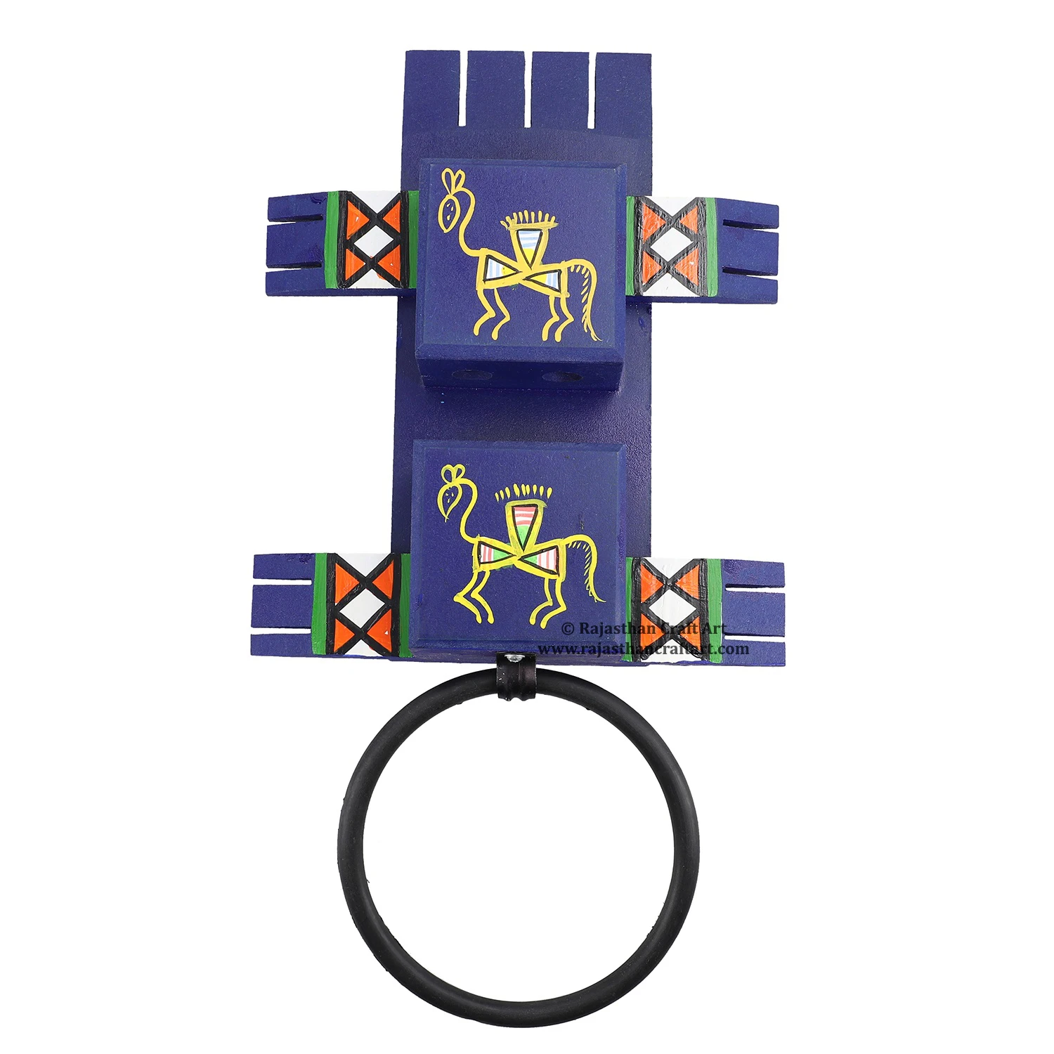 Blue Hand-Painted Traditional Warli Art Wooden Bathroom Shelves Napki Holder and Toothbrush Holder with Hardware