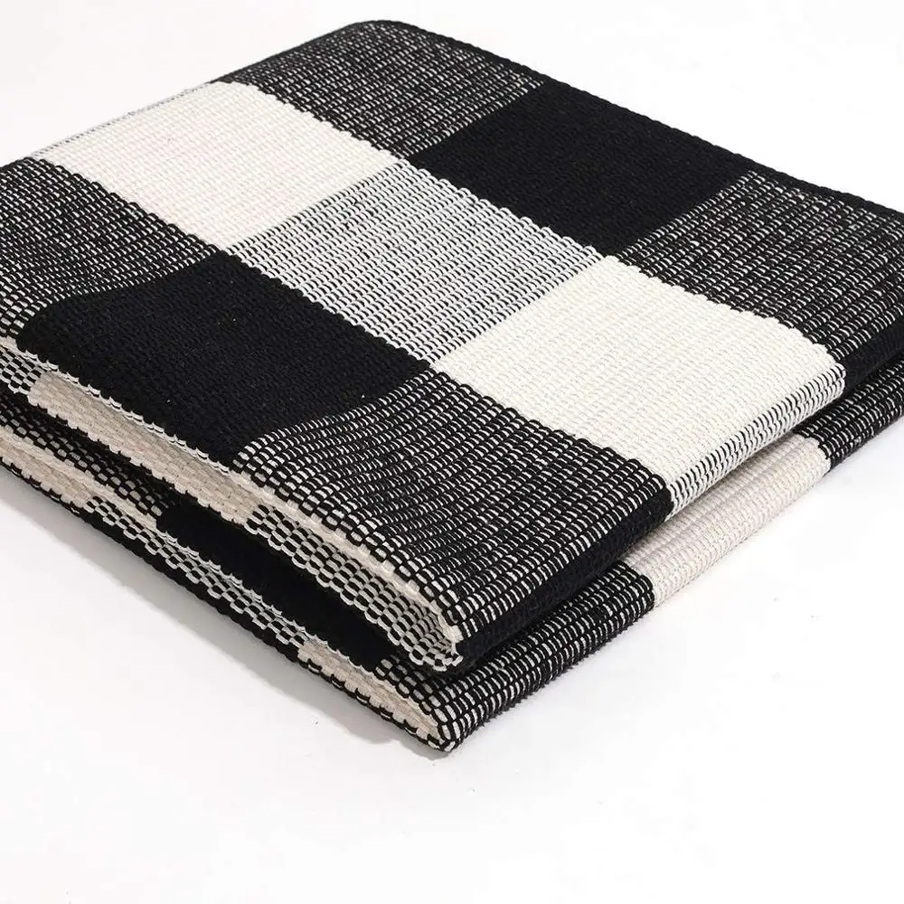 Large Runner Carpet Black and White Cotton Hand Woven Check Buffalo Plaid Checkered Area Rug