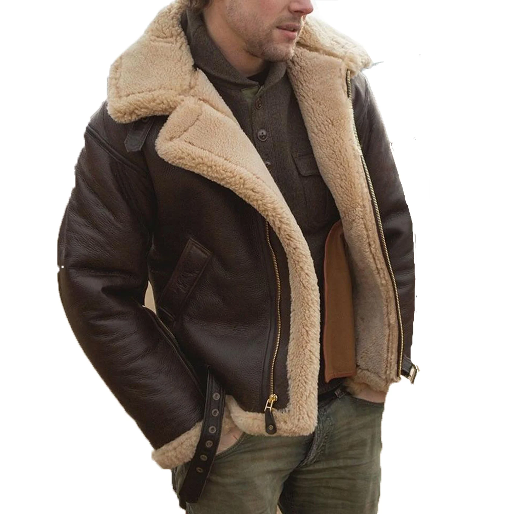 sheepskin shearling slip pockets designer faux fur wool coat fleece jacket for mens