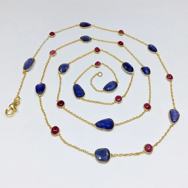 Sterling Silver 925 Fashionable and Precious Ruby & Tanzanite Gemstones 90 cms. Long Chain Trendy and Adjustable Charm Necklace