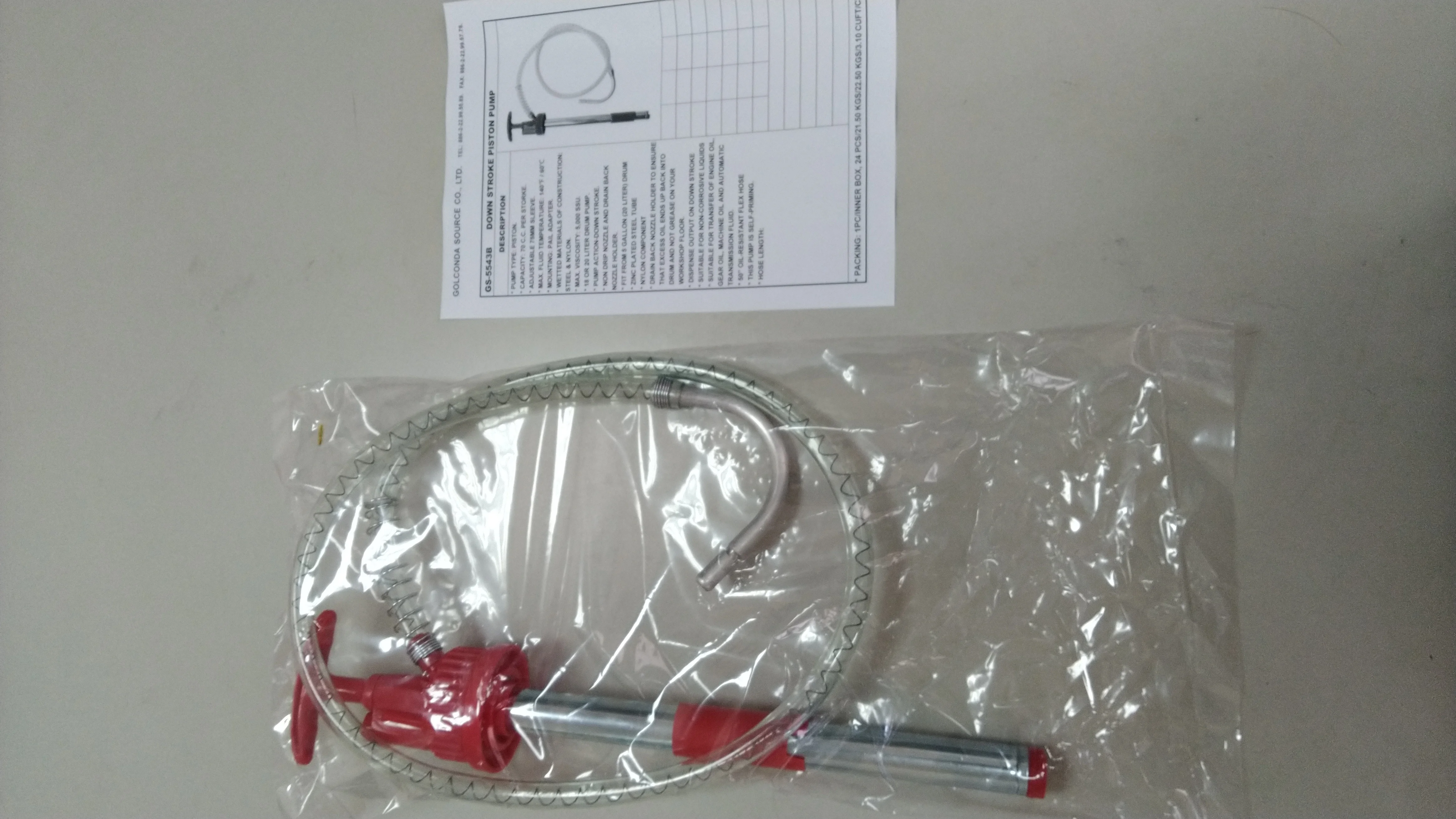 SELF-PRIMING DOWN HAND STROKE PISTON ACTION 5 GALLON DRUM PUMP WITH 3 FEET HOSE (GS-5543B)