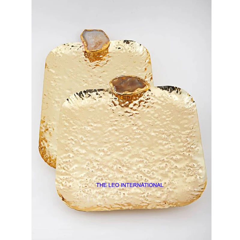 Aluminum metal silver plated rice hammered square shape natural agate stone handle 12X10X1 Inch tableware dinning decoration