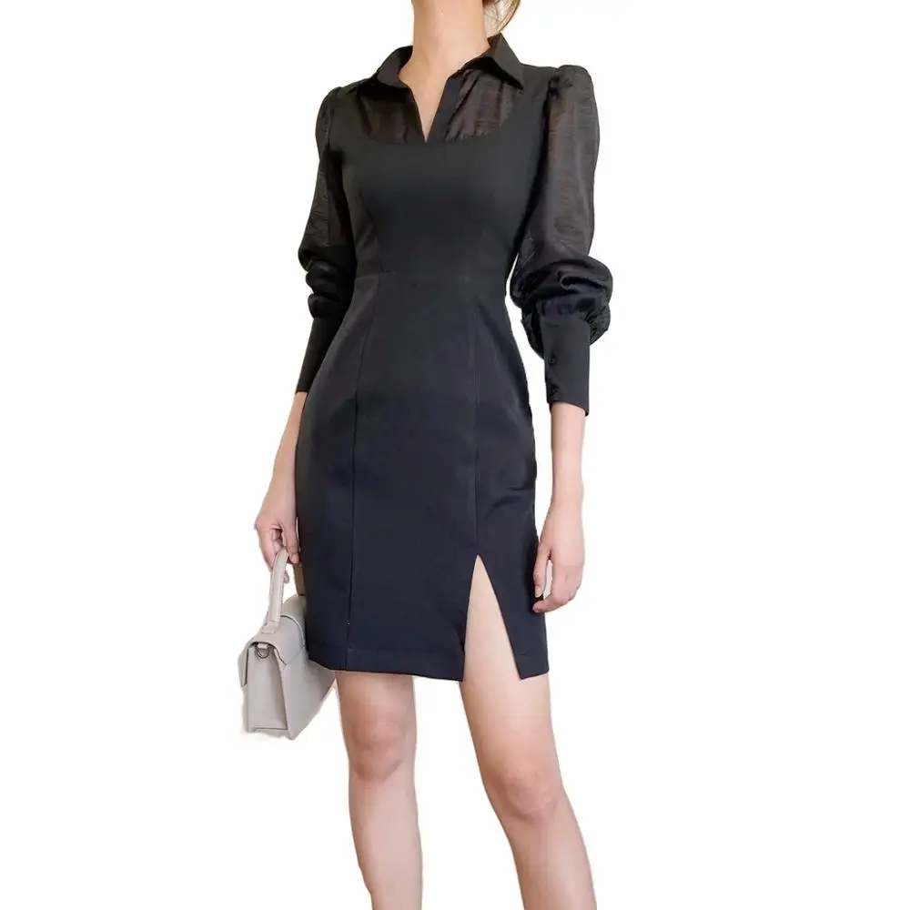 2020 New Arrivals Elegant Black Office Dress Summer Long Sleeve Open End Formal Dress