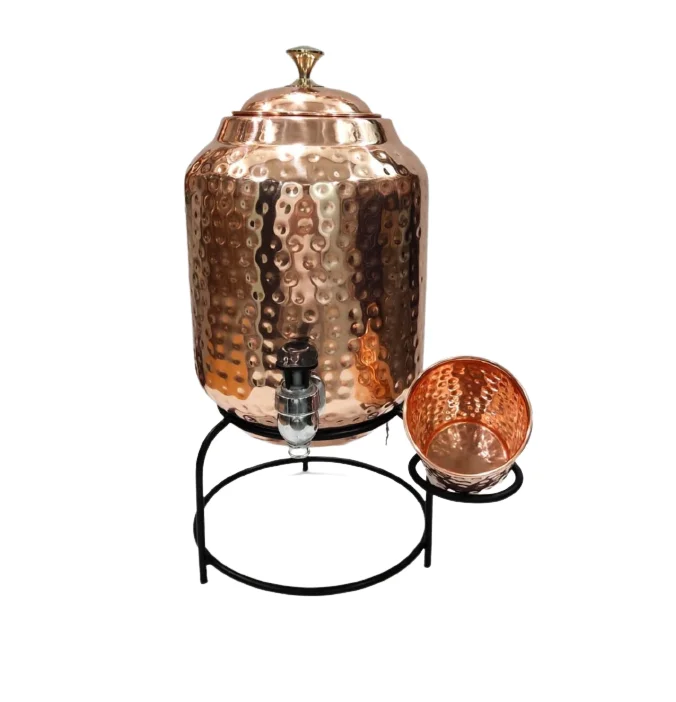 Handmade Copper Hammered Freestanding Water Dispenser with Tumbler & Black Stand for Home Hotel & Restaurant Kitchen Items