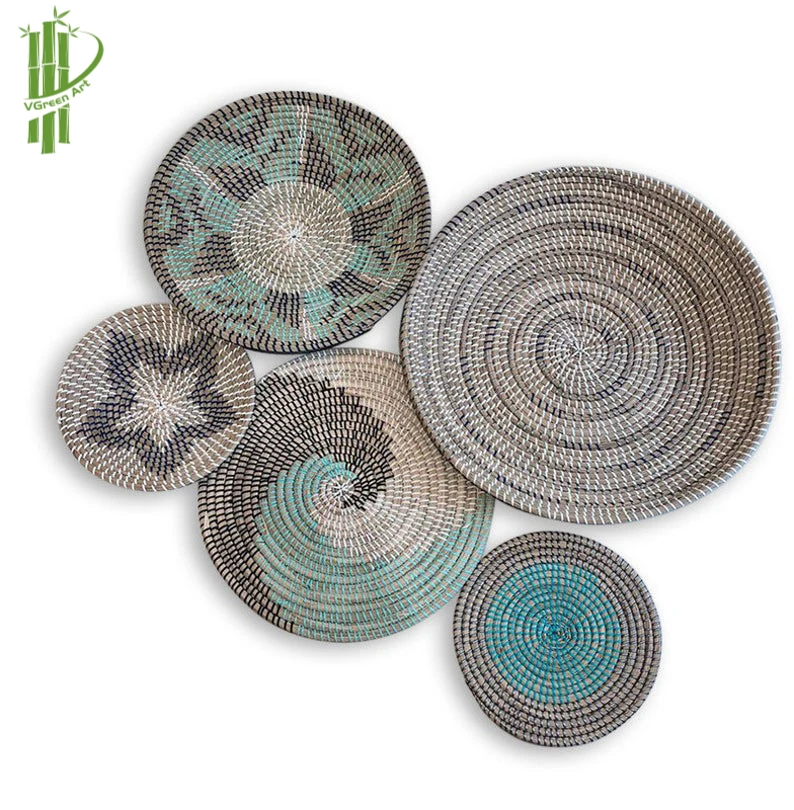 Wicker Wall Basket Decor Hanging Natural Woven Seagrass Flat Basket Round Boho Wall Basket Decor for Living