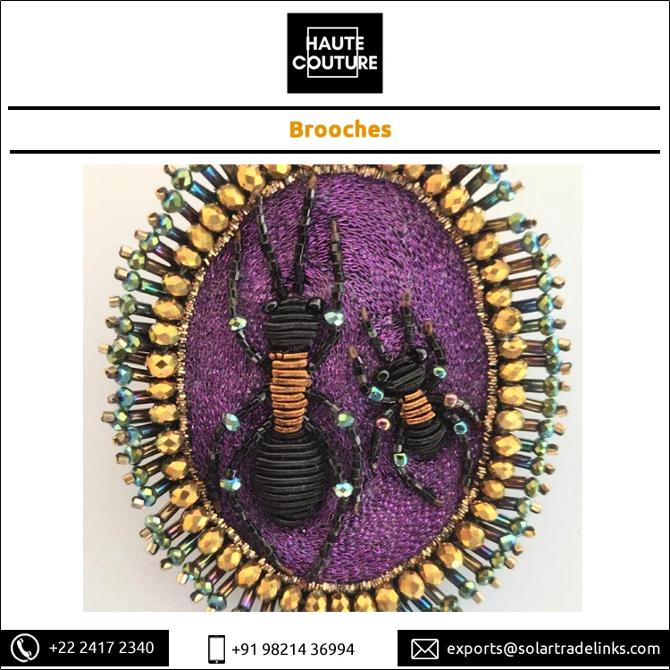 Manufacturer & Exporter of Handmade Metallic Bullion Thread Embroidered Miyuki Beads Made Ants Brooch
