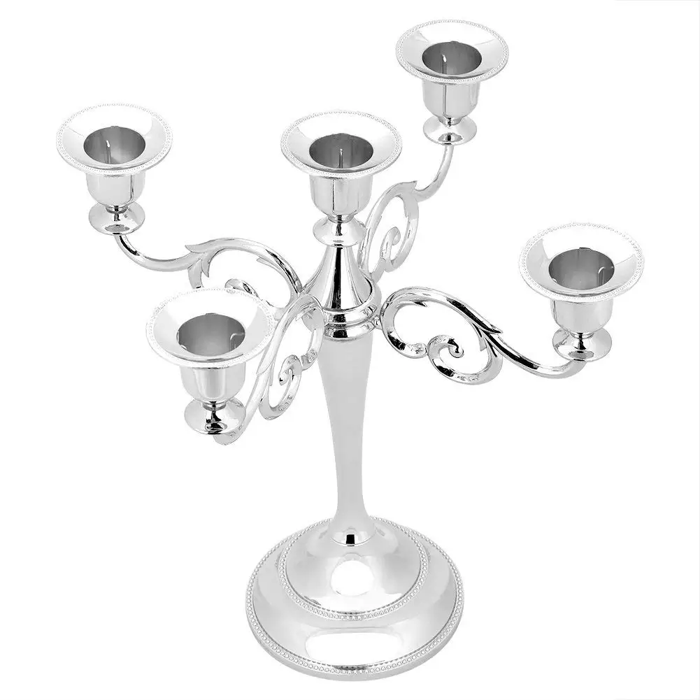 Handmade Heavy-Duty Aluminum Silver Candleholders 5-Arm Crystal Style for Home Decor Wedding Event or Christmas Parties