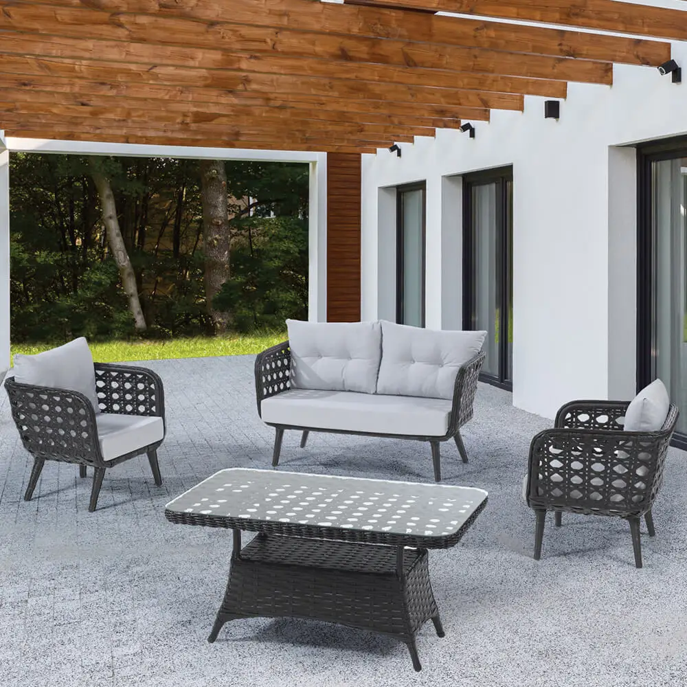 Garden rattan set Outdoor Seat Dinning Table Picnic Table and Bench Beer Park Metal Painting Customized Wood Frame Time