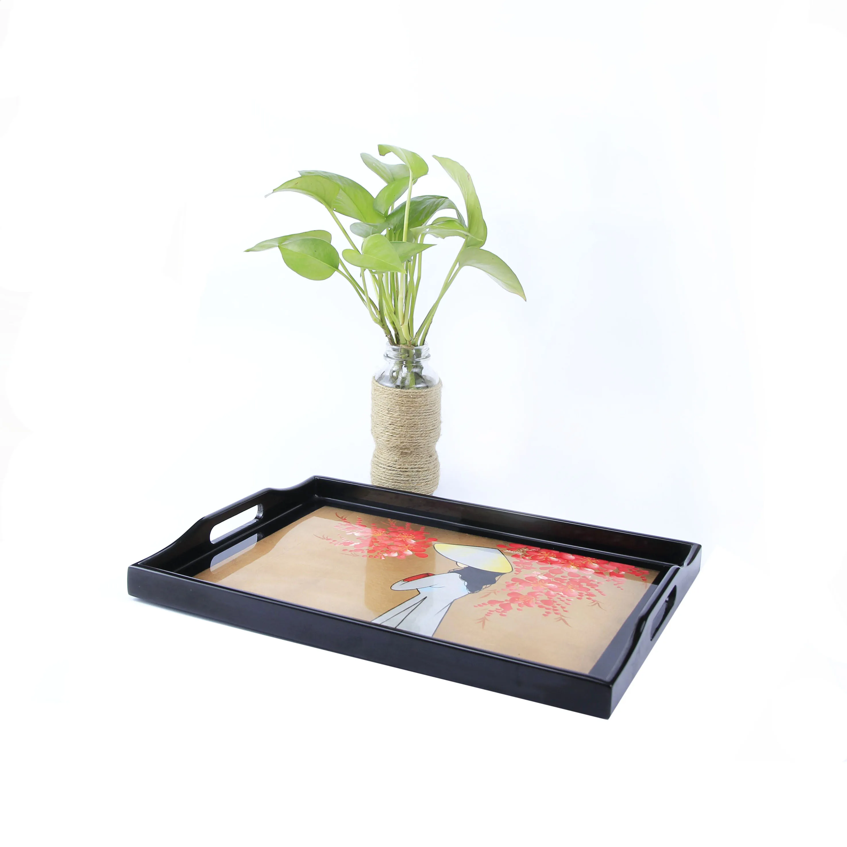 
Eco-Friendly Product New Design Solid Unique Multi-Function Peach Blossoms Eggshells Gold Leaf Wooden Lacquer Coffee Table Tray 