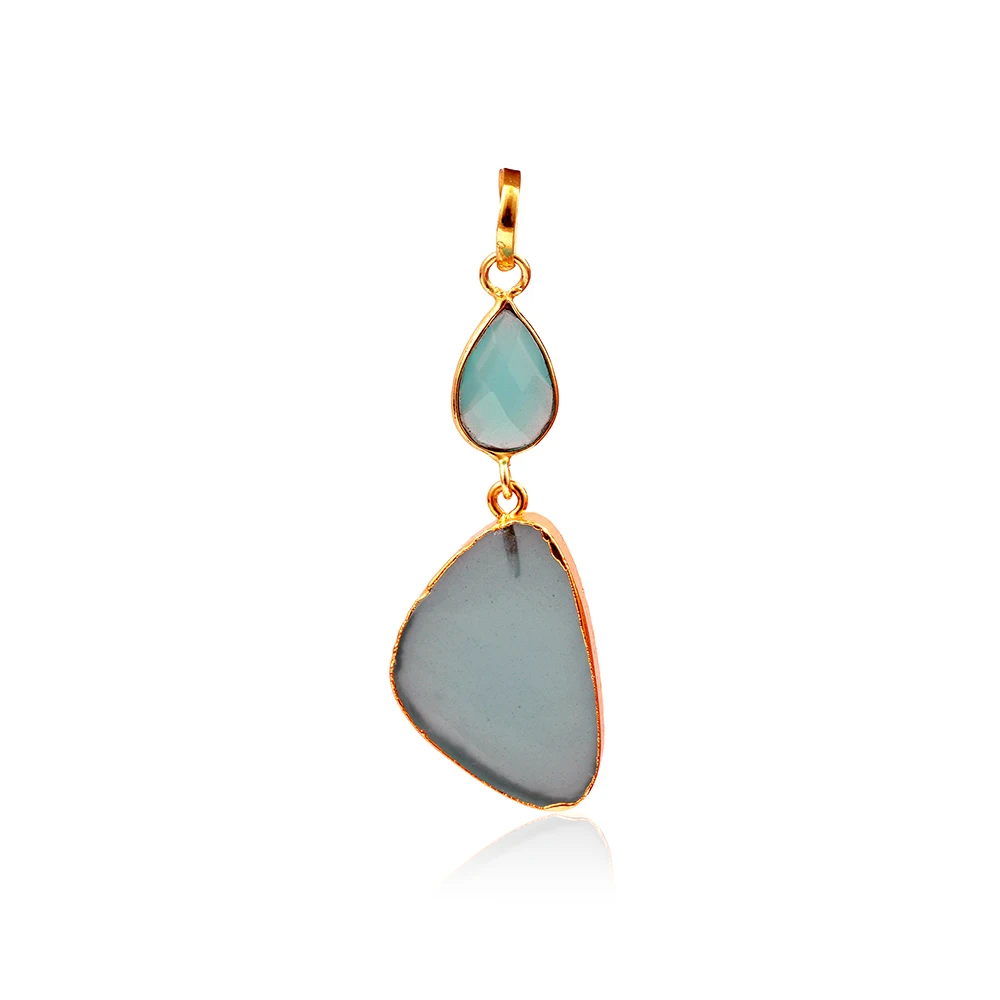 Larimar Gemstone Pendant Gift For Her Bezels Necklace Handmade Brass Band Gold Plated Three Stones Necklace Mode Joyas N-061
