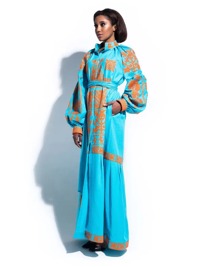 Exclusive Design Bring Luck Ethno Chic Custom orange Embroidery Ukrainian Long Women Dress Boho Style Maxi Dress