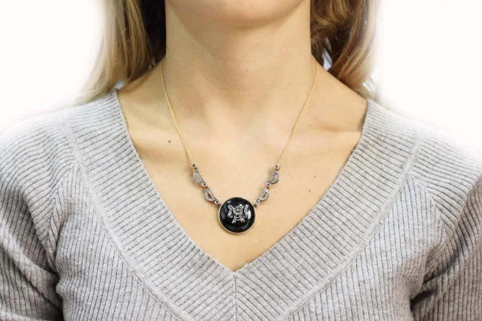 
Diamonds,Blue Sapphires,Onyx Rose Gold and Silver Pendant Necklace 