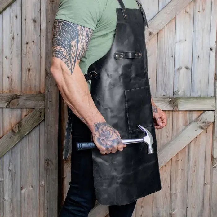 Classic Leather Apron Black Color Premium Full Grain Leather With Rustic Waxed Finished Large Pocket In Front And Towel Loop