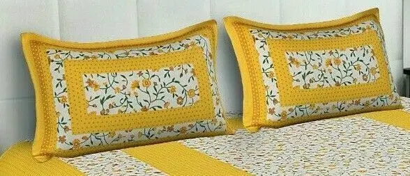 Indian Wholesaler of Export Quality Bed Sheet Yellow Color Floral Print Pure Cotton Double Bed Sheet with 2 Pillow Covers