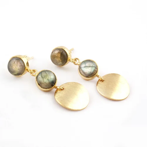Fiery round shape labradorite gemstone drop dangle earrings brass handmade dis brushed designer earrings