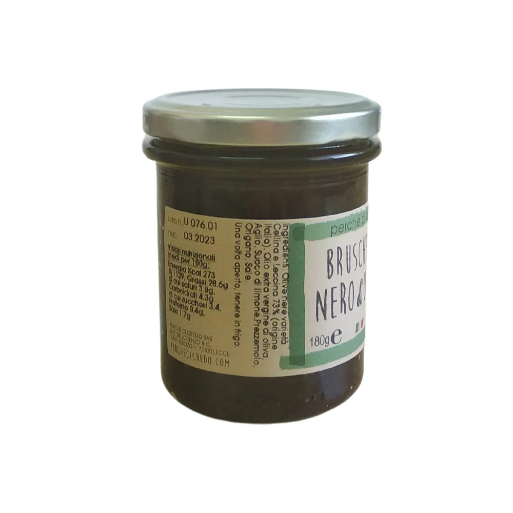 Italian High quality Black olive pesto. Handmade without preservatives. Spreadable, jar 180g