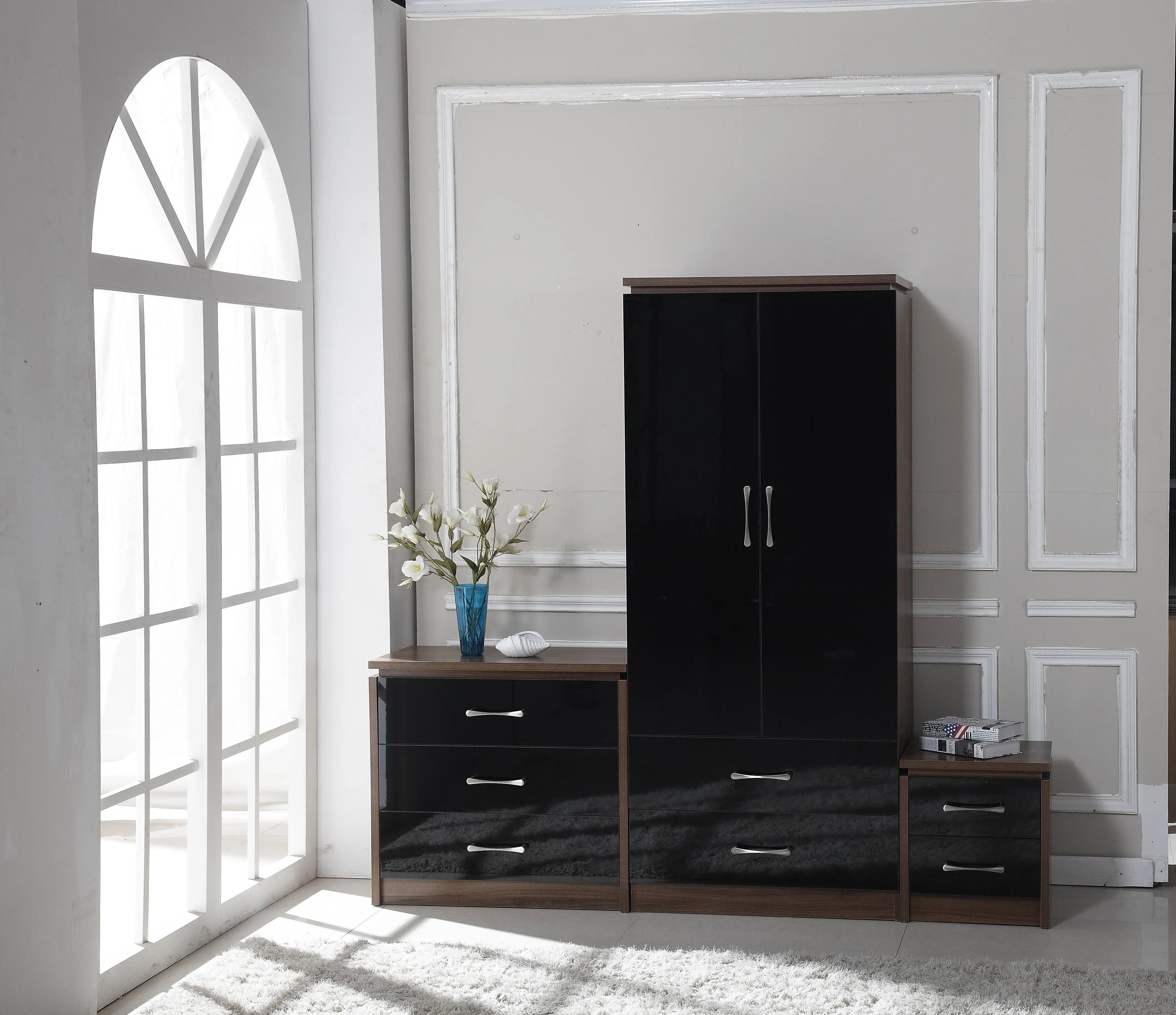 High Gloss Bedroom Furniture Sets 3 Piece Trio Wardrobe Drawers Chest & Bedside cabinet