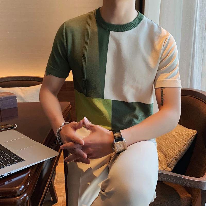 Custom logo printing design mens tshirt summer British style knitting T-shirt