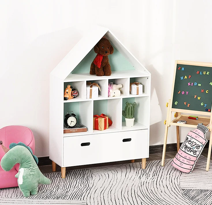 Hot selling kids wooden bookshelf house shape bookshelf storage shelf