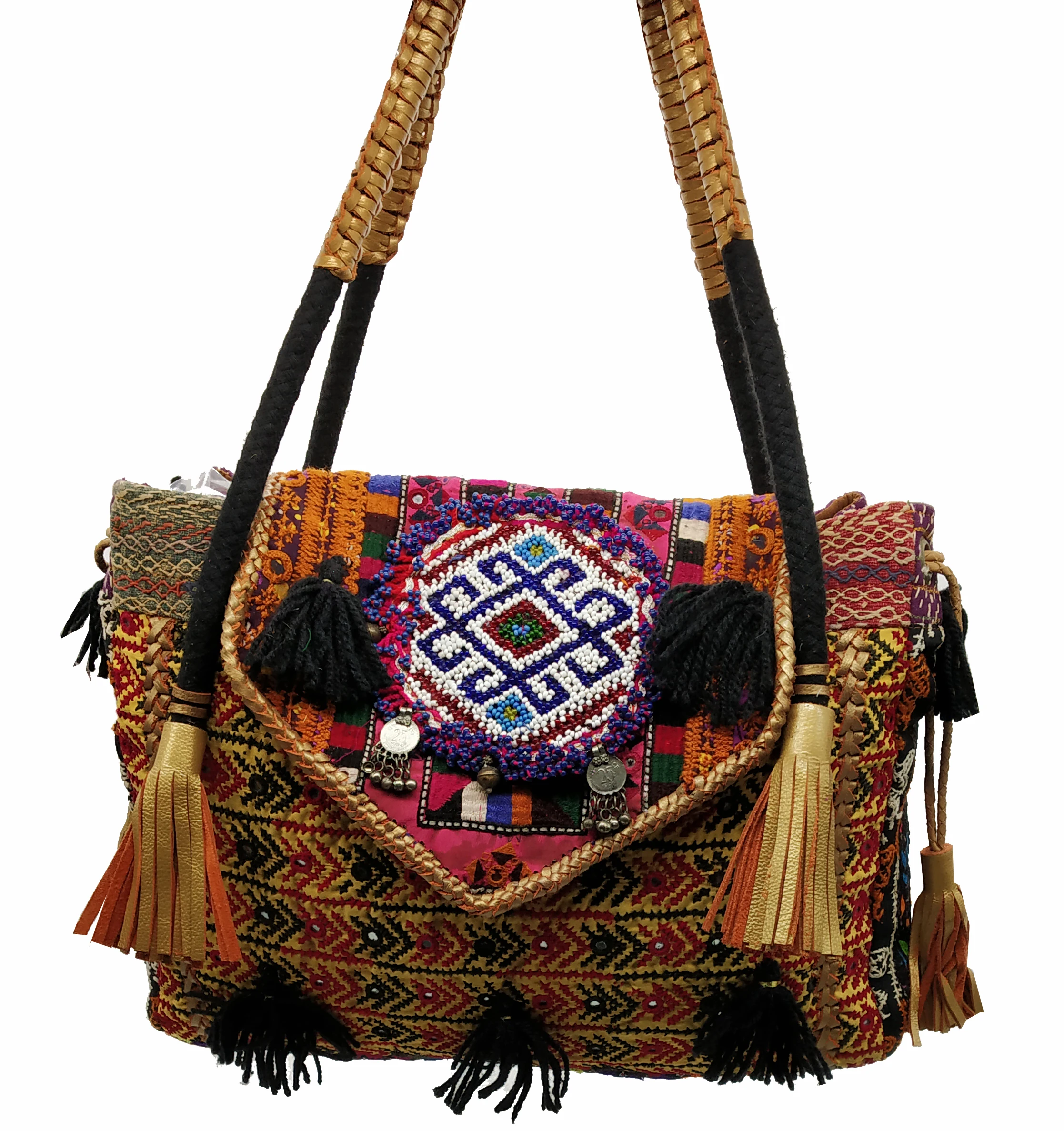 Unique Fashionable Multi Color Vintage Fabric New Classical Trendy Hand Beaded Ibiza Style Casual Tote Women Shoulder Bag