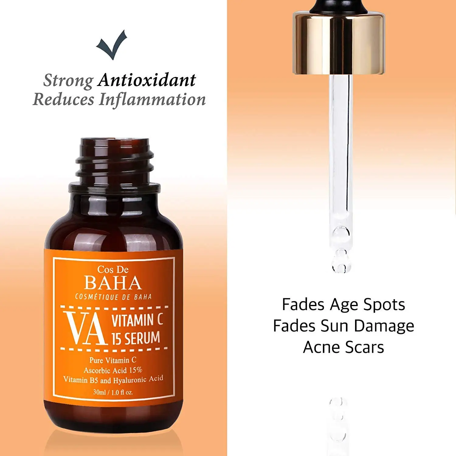 Cos De Baha Vitamin C Facial Serum with L-Ascorbic Acid 15% with Vitamin B5 - for Fades Age Spots, Smoothing Fine Lines 30ml