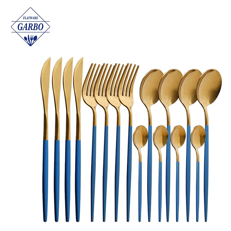 Portugal luxury cutlery set, wholesale black champagne gold plated cutlery, stainless steel matte gold flatware set for wedding