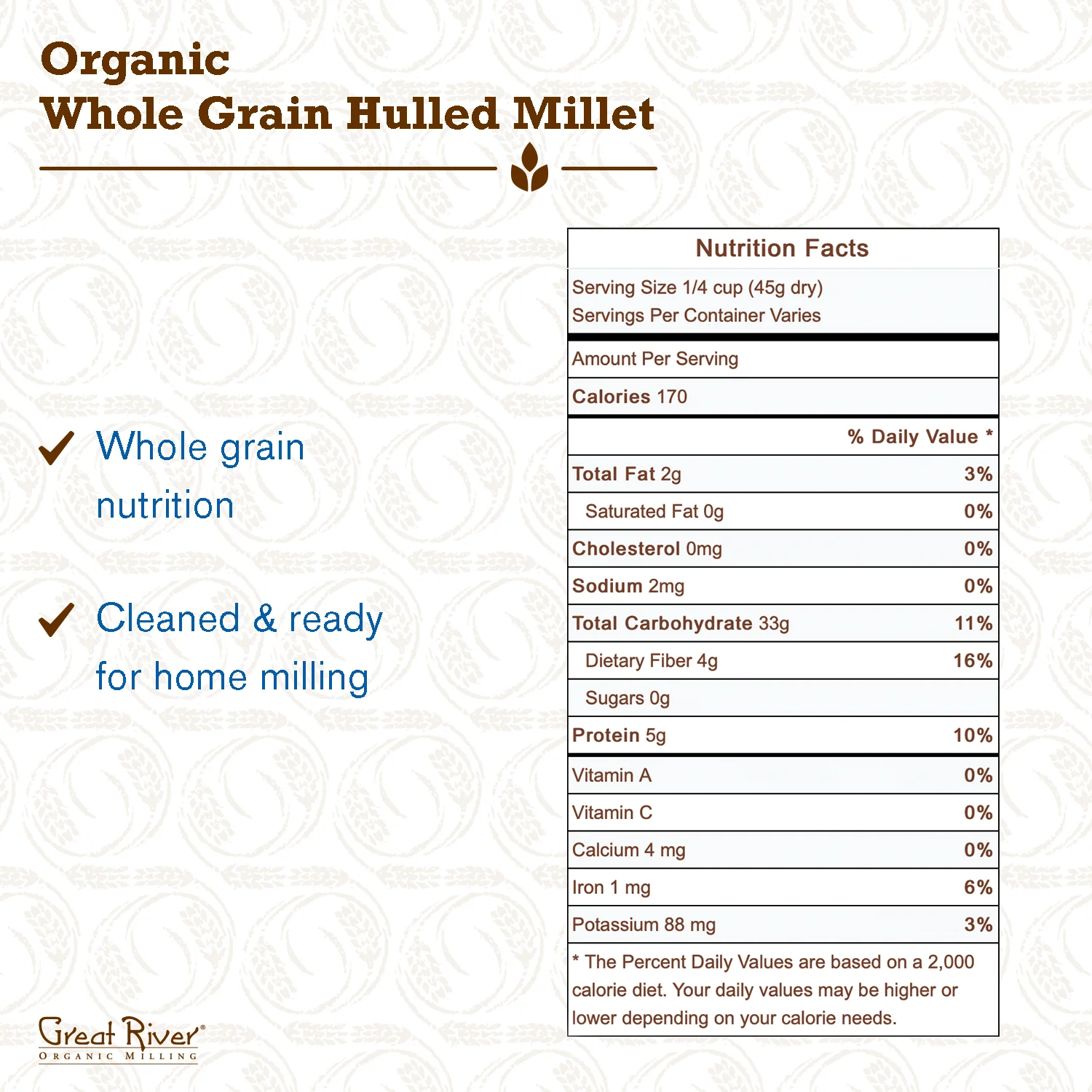 GREAT RIVER ORGANIC MILLING - Whole Grain, Hulled Millet, Organic, 25-Pounds (Pack of 1) Whole Wheat Flour