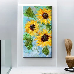 Home Restaurant Decoration Vertical Yellow Painting Large Size Pure Hand-Painted Sunflower Oil Painting