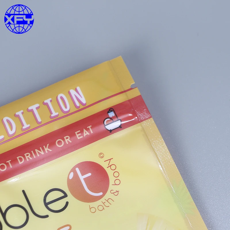 Custom printed stand up resealable ziplock plastic packaging bags with clear window for for body scrub and bath salts packing