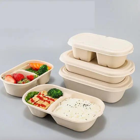 OEM Sugarcane Bagasse 500ml 700ml Biodegradable Food Container Customized Disposable Tableware with Lid