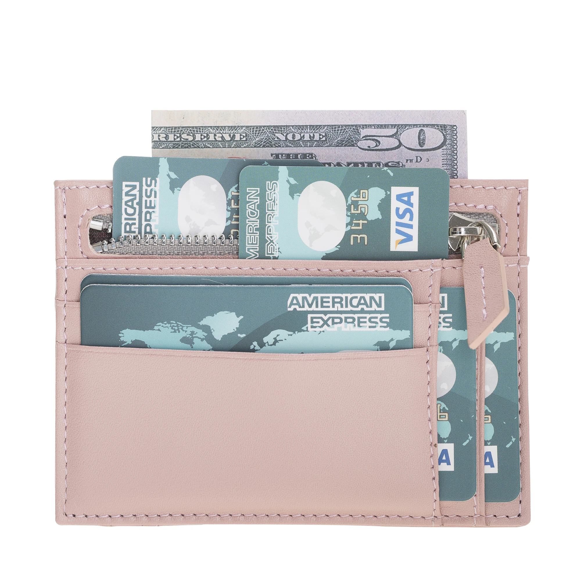 Nude Pink Premium  Genuine Leather  Zip Card Holder
