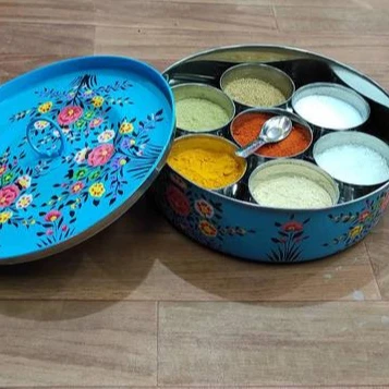 Indian Masala Box Antique Design 7 Cup Spice Container with Lid , Indian spice box, steel spice box