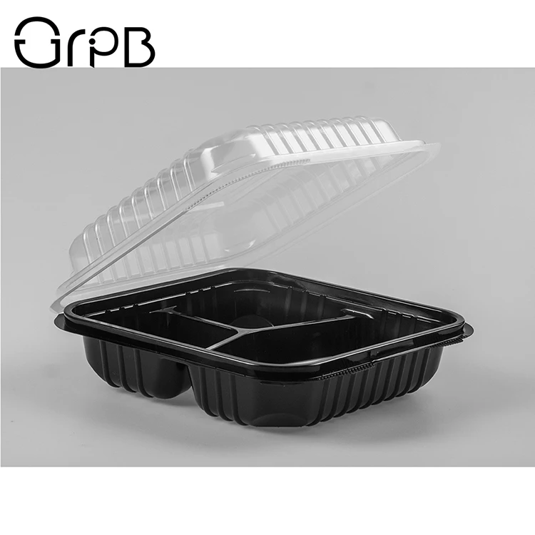 Disposable take out microwave PP food 3 compartments dual color hinged container