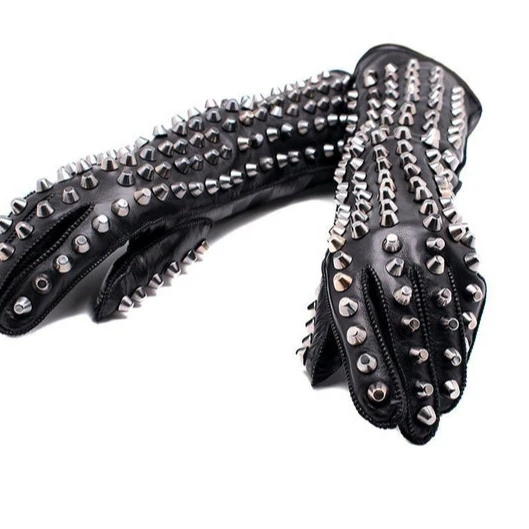 Long Opera Studded Black Leather Gauntlets for Women, Eco Friendly Natural Modal Fleece Lined Warm Gauntlets