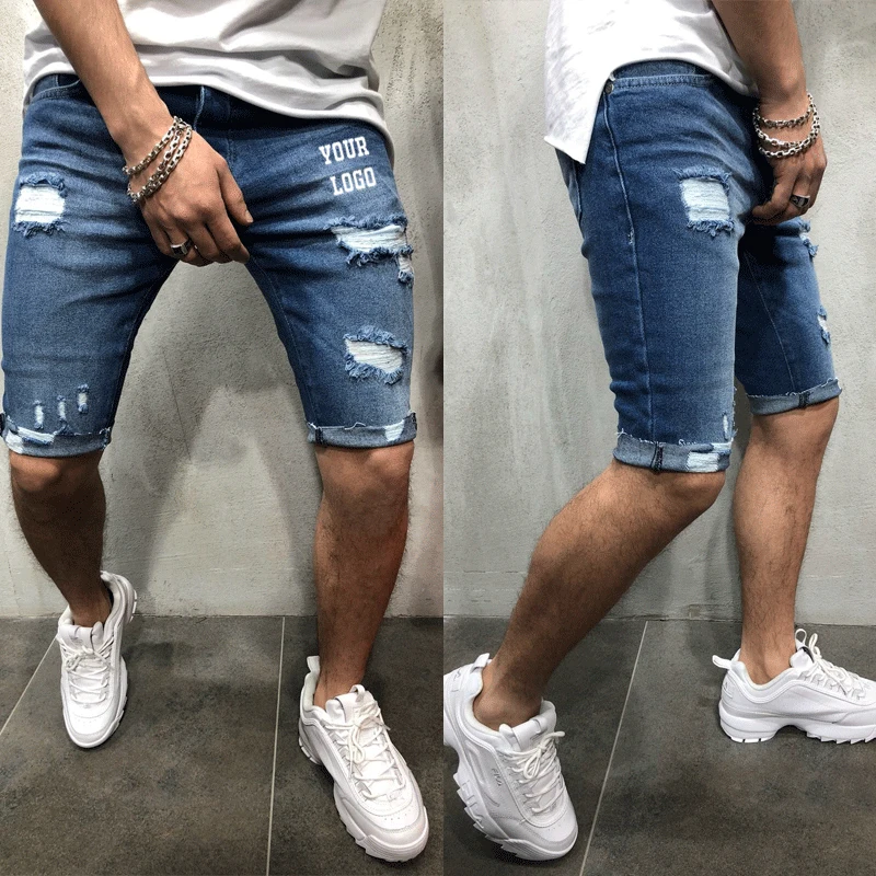  Новый дизайн джинсы для мужчин спортивные шорты с коротким 4 вида цветов дышащие летние джинсовые рваные укороченные Эластичные Обтягивающие Брюки из джинсовой ткани снимков