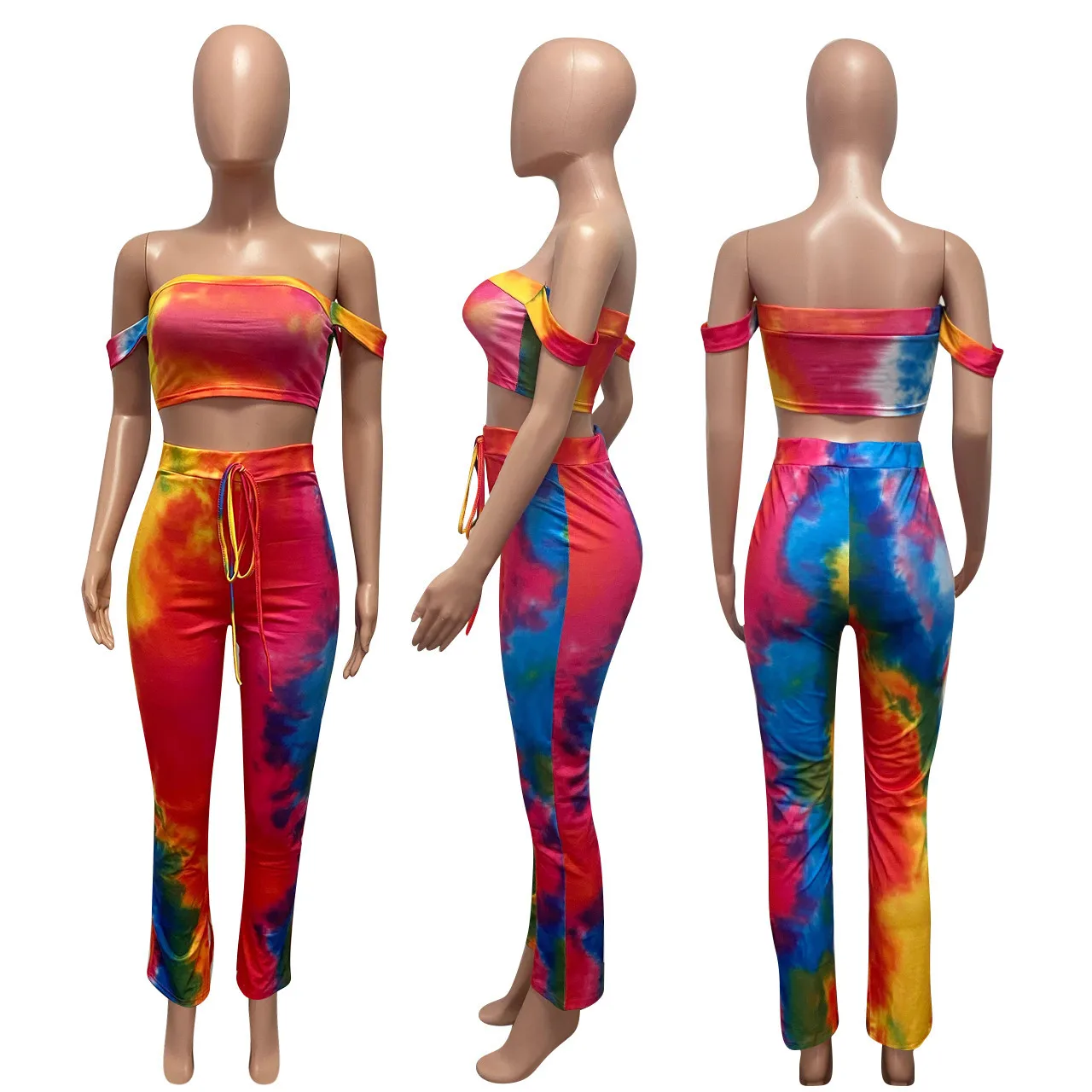 2021 Women Summer Stacked 2 Piece Set Women Stacked Slit Pants Joggers Womens Tie Dye Stacked Leggings Two Piece Outfits