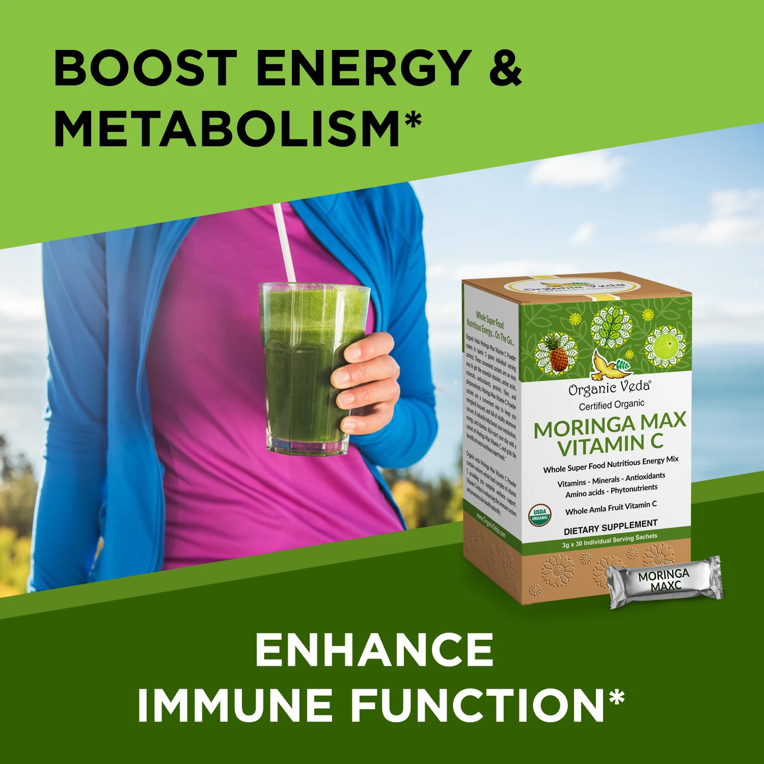 Certified organic Moringa Max Vitamin C energy drink sachet made with moringa, fresh amla fruits and pineapple