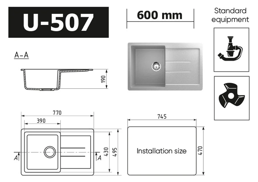 Durable kitchen sink single bowl ULGRAN U-507 reversible, composite rectangular color kitchen sink