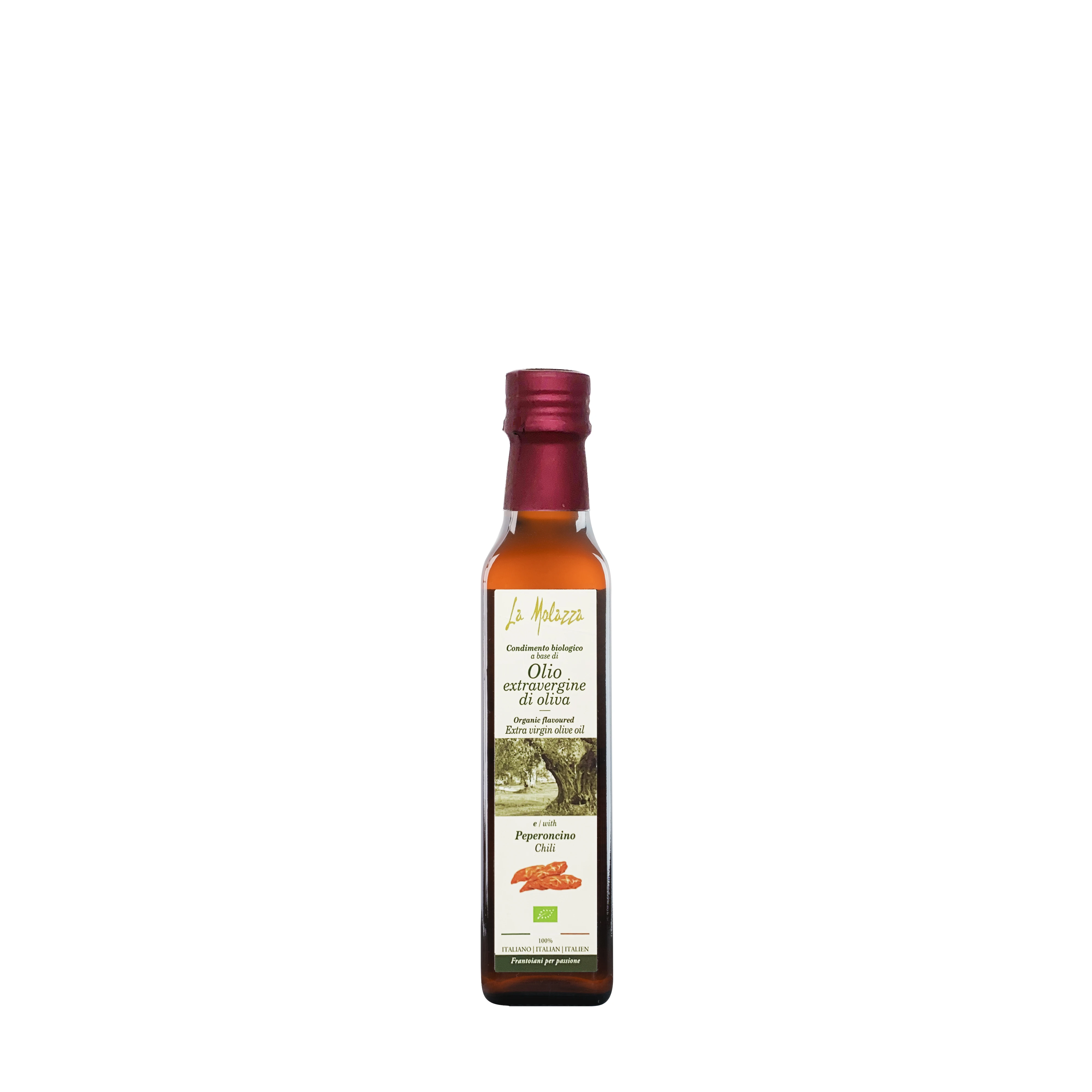 100% Italian Organic Extra Virgin Olive Oil 0.25L flavored with certified natural chilli pepper, excellent for dressing