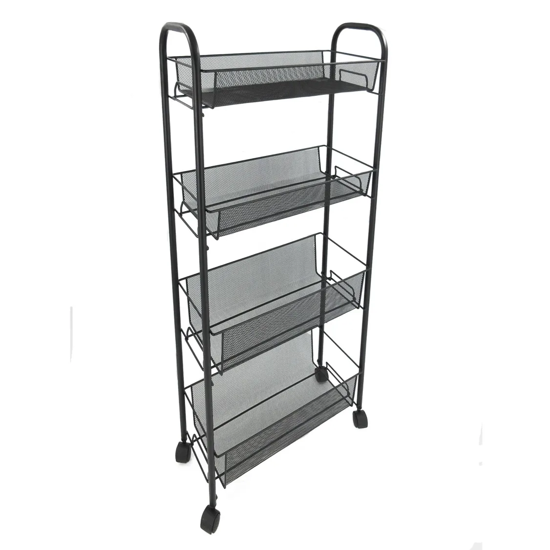 
 Новый продукт модный четырёхколёсный вагончик с платформой 4-ярусный выставочный стенд металлический тонкий корзина черная тележка тонкий хранения корзина для хранения  