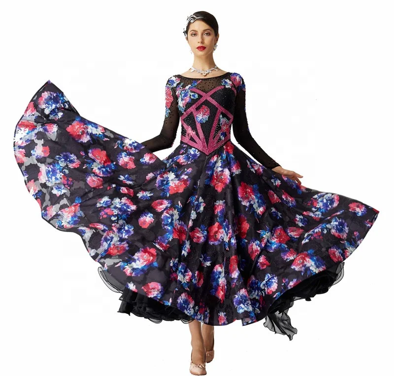 B-2034 Custom New National Standard Printing Modern Dance Costume Competition Ballroom Dance Smooth Dress For Competition