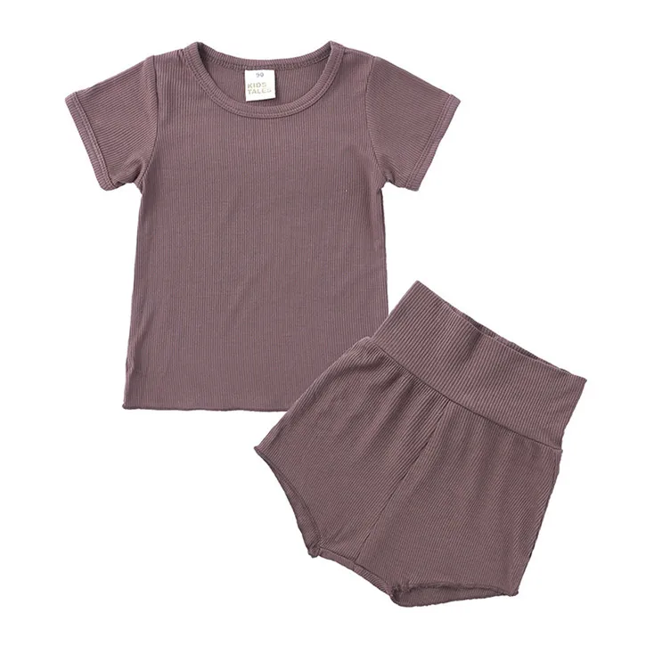 
2021 summer Kids Tales new baby clothing set soft rib cotton solid color unisex toddler underwear baby short sleeve pajamas sets 