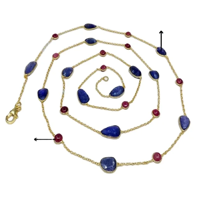 Sterling Silver 925 Fashionable and Precious Ruby & Tanzanite Gemstones 90 cms. Long Chain Trendy and Adjustable Charm Necklace