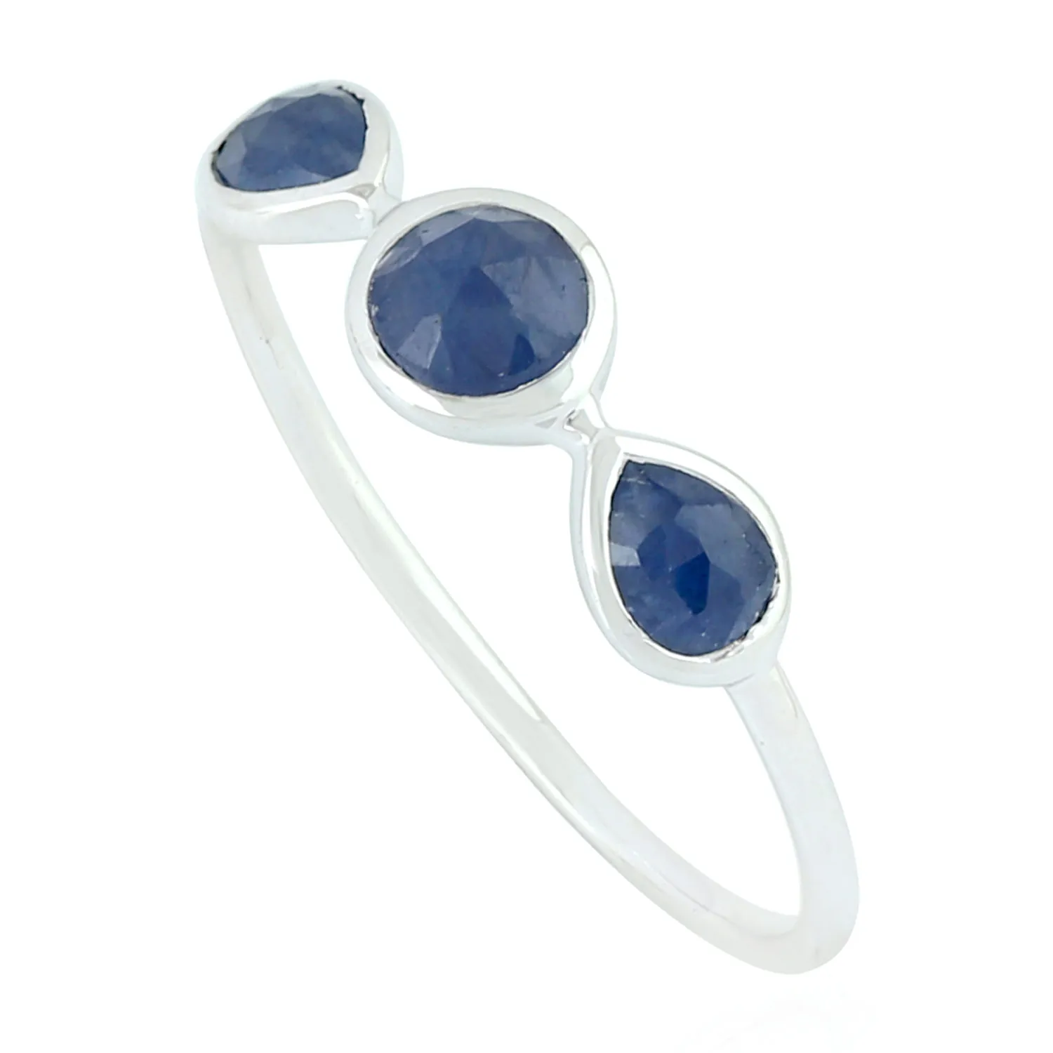 
Blue Sapphire Three-Stone Ring 14k White Gold Handmade Jewelry 