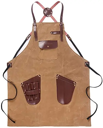 Hot sale restaurant work uniforms shop overalls denim apron with tool pockets for barista barber apron for men