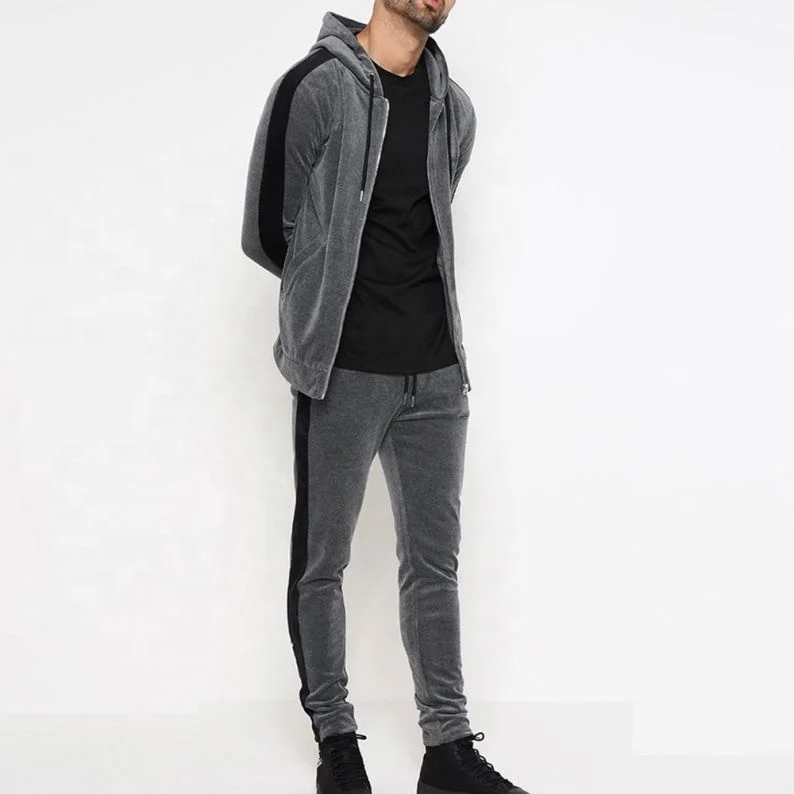 MEN`S VELOUR VELVET JOGGING RUNNING SWEAT SUIT HOODED FITNESS GYM TRACK SUIT