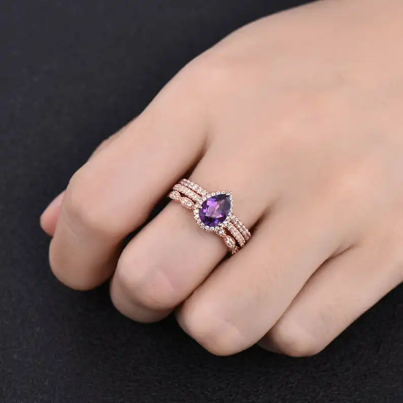 Amethyst Engagement Ring Set Stacking Wedding Bands February Birthstone Rose Gold Plated Bridal 925 Silver
