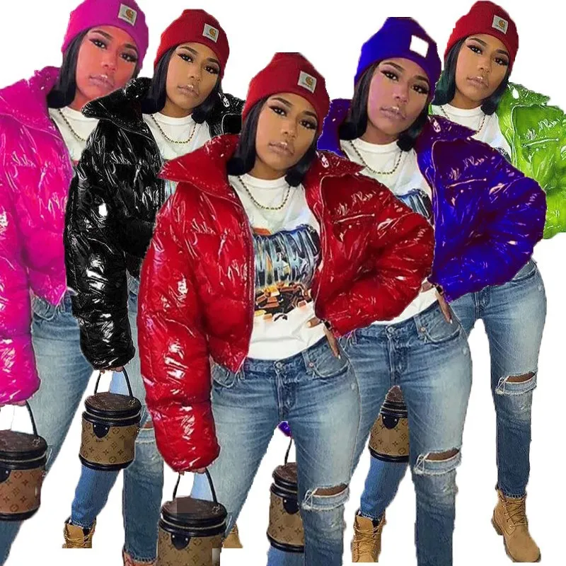 2021 Fashion Turndown Collar Long Sleeve Bubble Coats Cropped Short Winter Coat Women PU Jackets Puffer Coats For Ladies-PT